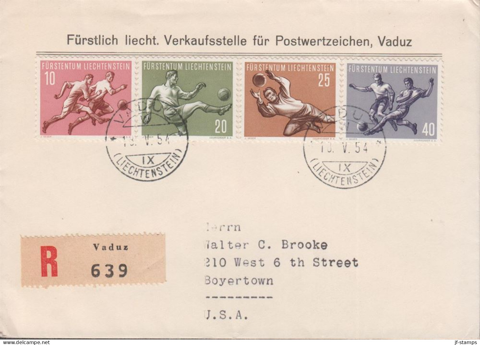 1954. LIECHTENSTEIN. SPORT. Complete Set With 4 Stamps Football On FDC VADUZ 18. V. 54 Re... (Michel 322-325) - JF445098 - Cartas & Documentos