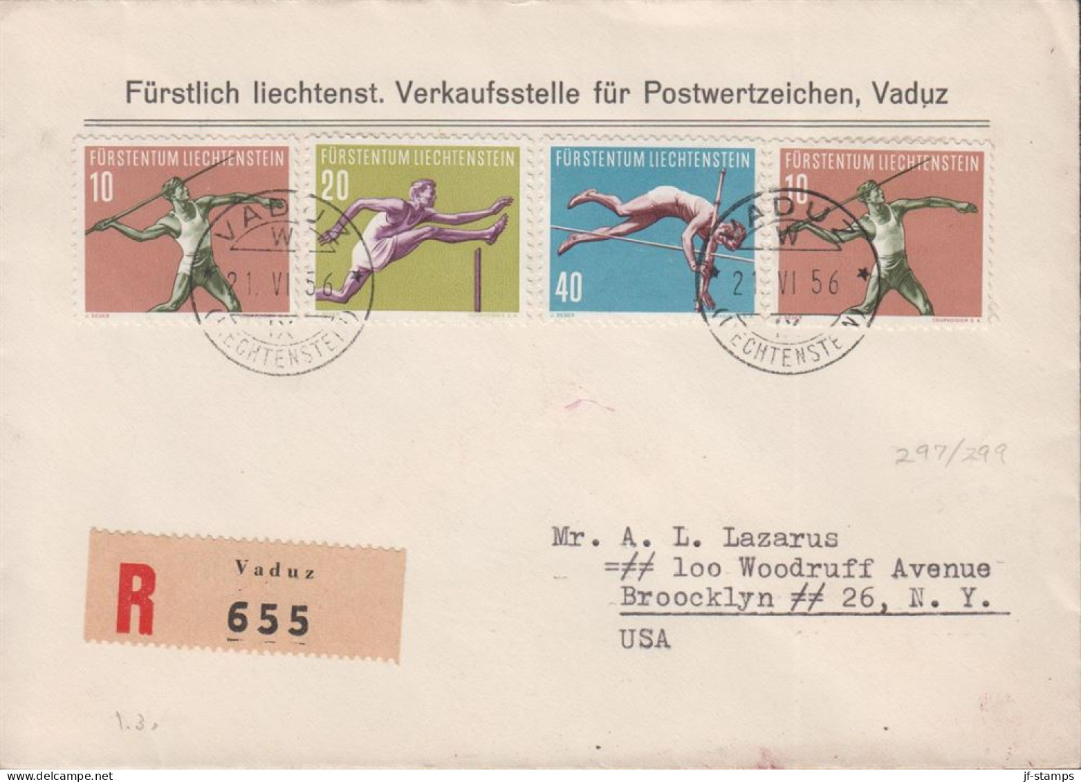 1956. LIECHTENSTEIN. SPORT. Complete Set With 4 Stamps On FDC VADUZ 21. VI. 56 Registered... (Michel 342-345) - JF445100 - Cartas & Documentos