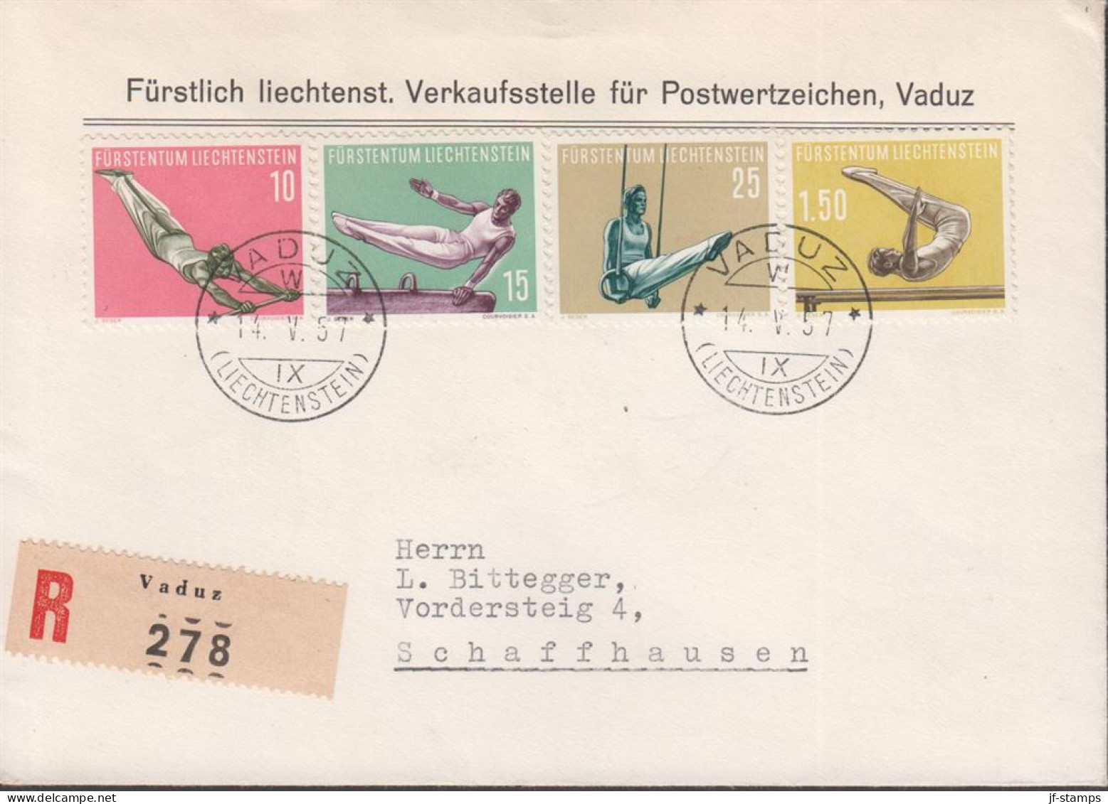 1957. LIECHTENSTEIN. SPORT. Complete Set With 4 Stamps On FDC VADUZ 14. V. 57 Registered ... (Michel 353-356) - JF445102 - Briefe U. Dokumente