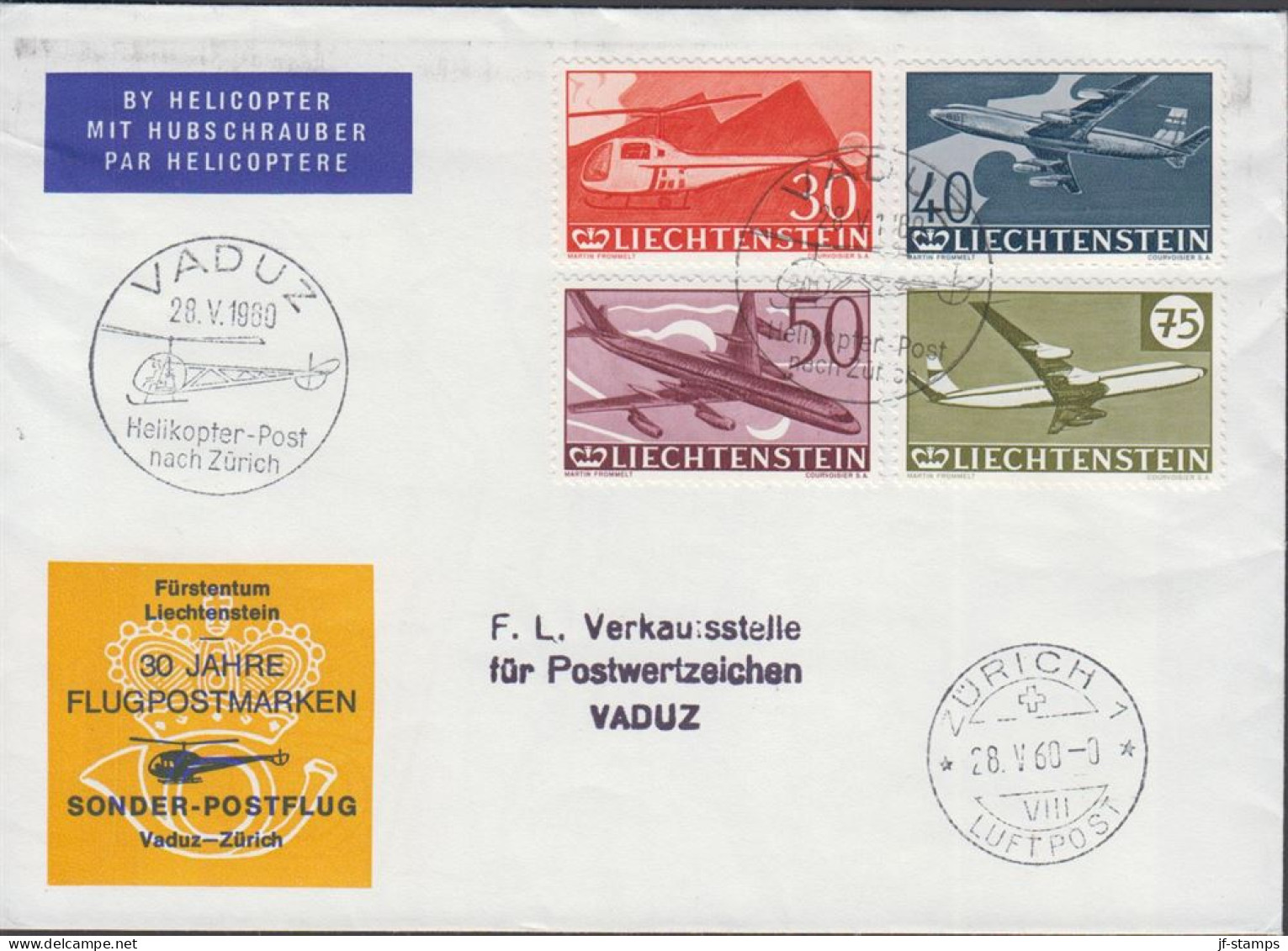 1960. LIECHTENSTEIN . Complete Set Air Mail Stamps On Fine Cover Cancelled VADUZ 28.V.196... (Michel 391-394) - JF445105 - Storia Postale