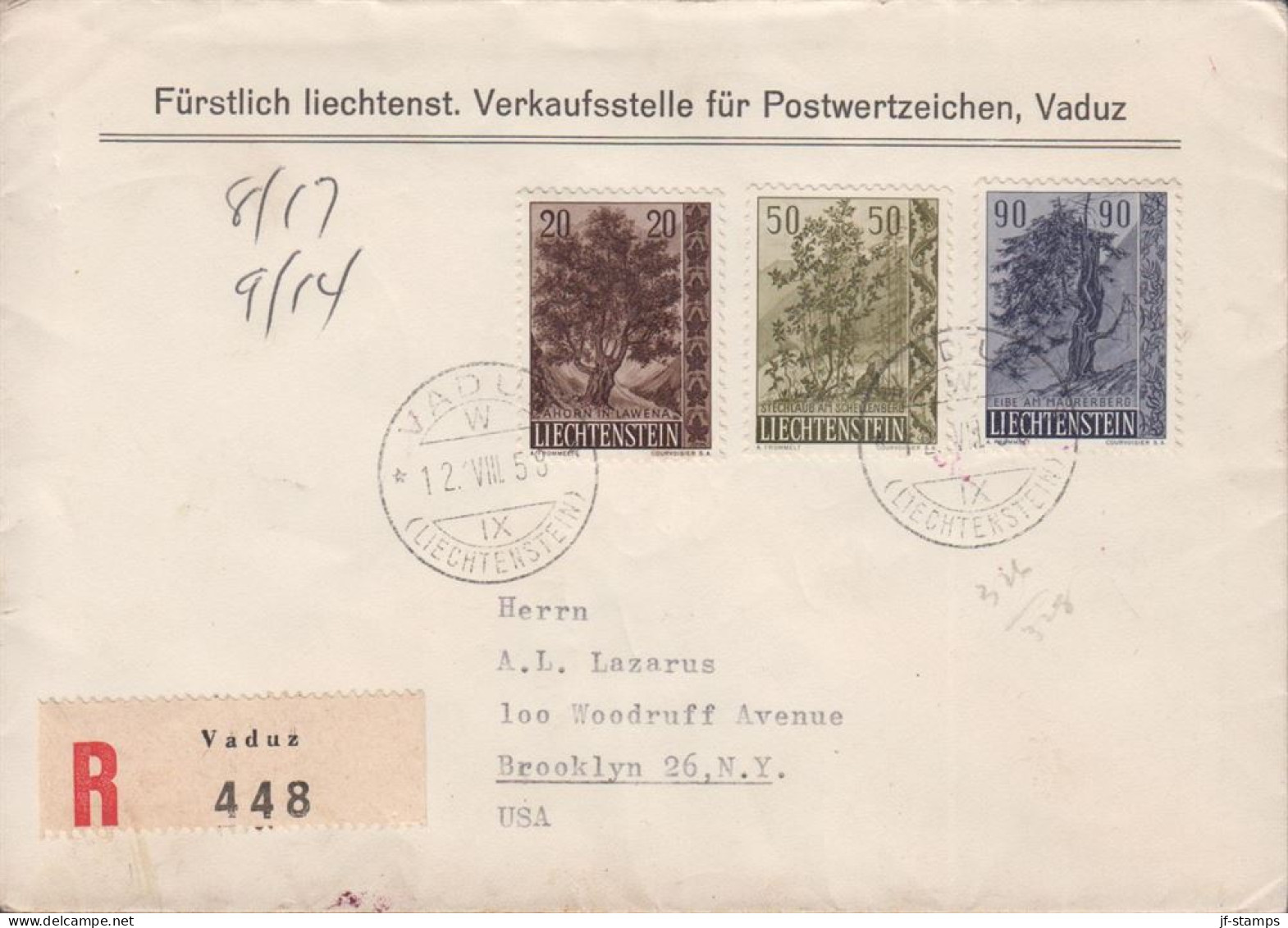 1958. LIECHTENSTEIN. Nature Tree. Complete Set With 3 Stamps On FDC VADUZ 12. VII. 58. Re... (Michel 371-373) - JF445106 - Cartas & Documentos