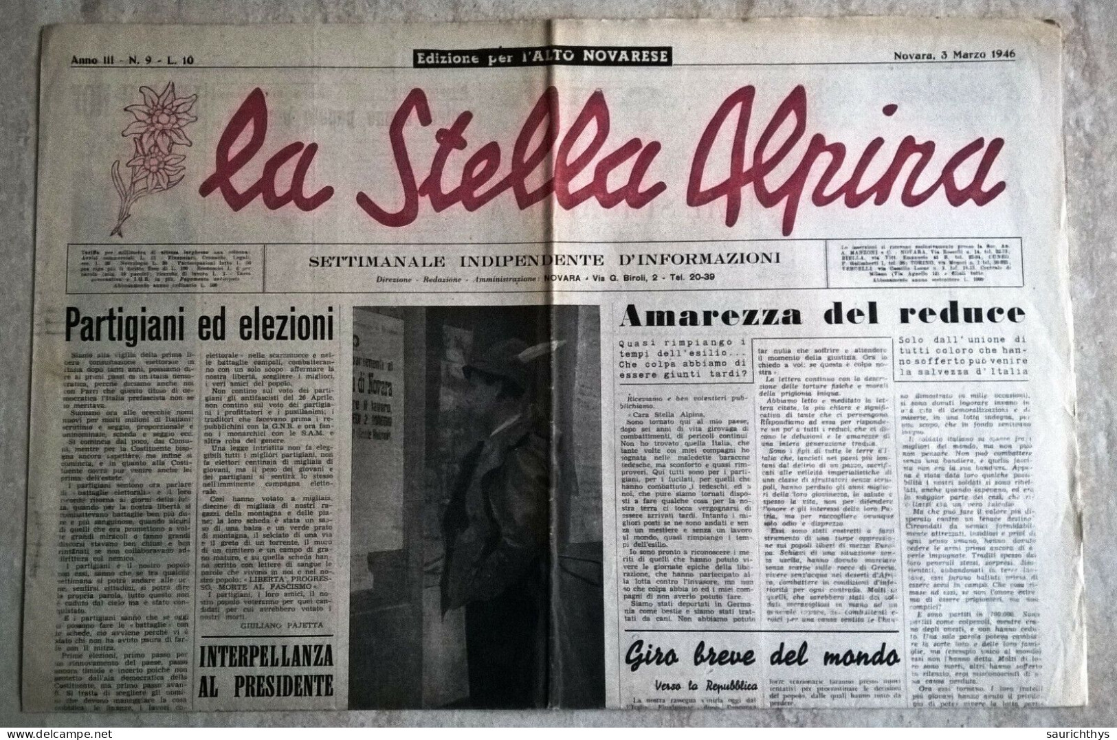 La Stella Alpina Anno III N. 9 1946 Edizione Per L'alto Alto Novarese Novara Partigiani Resistenza Valsesia - Oorlog 1939-45