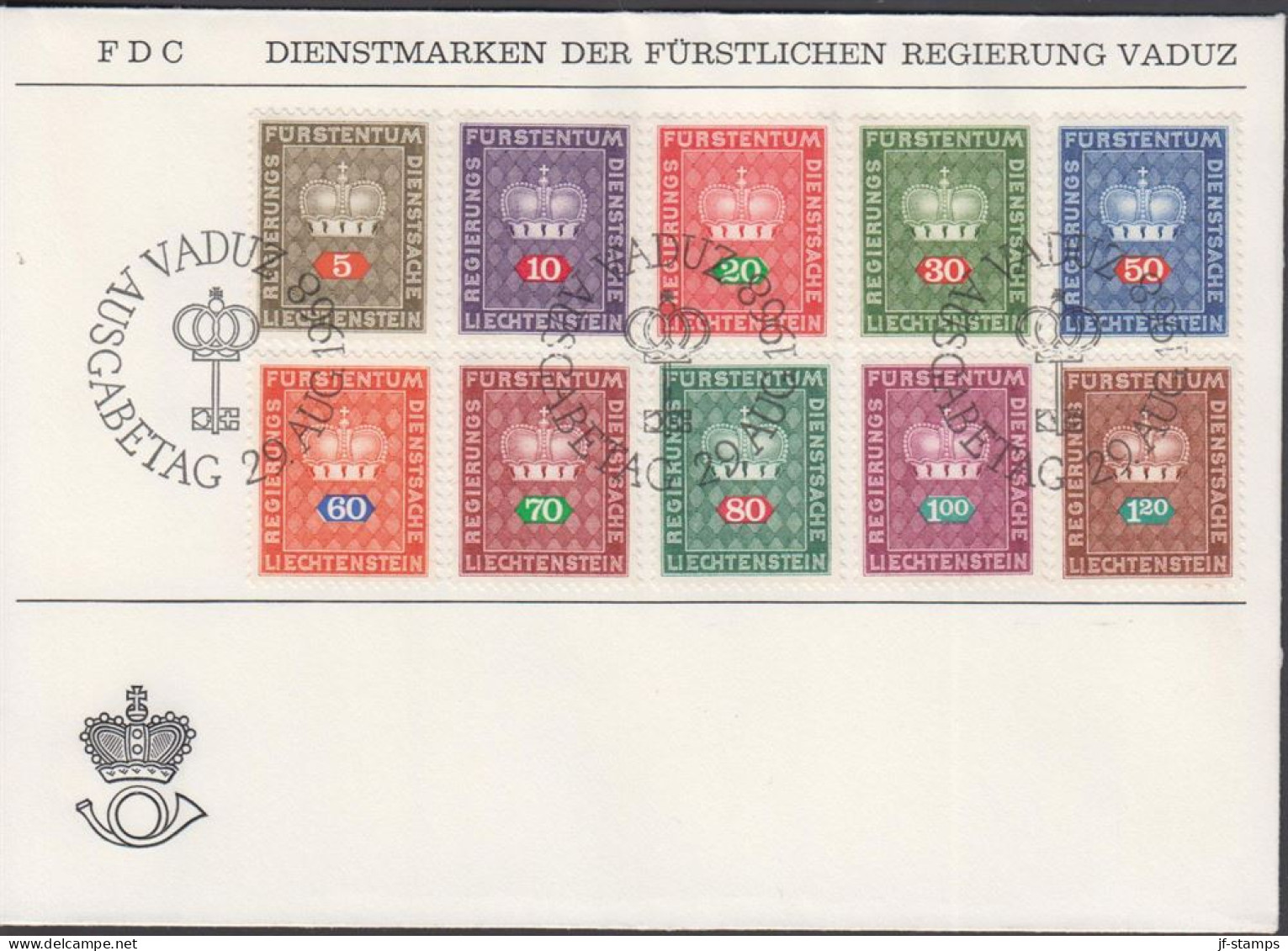 1968. LIECHTENSTEIN. FDC DIENSTMARKEN With 10 Stamps Cancelled VADUZ 29.AUG.1968. (Michel Dienst 45-52+) - JF445111 - Oficial