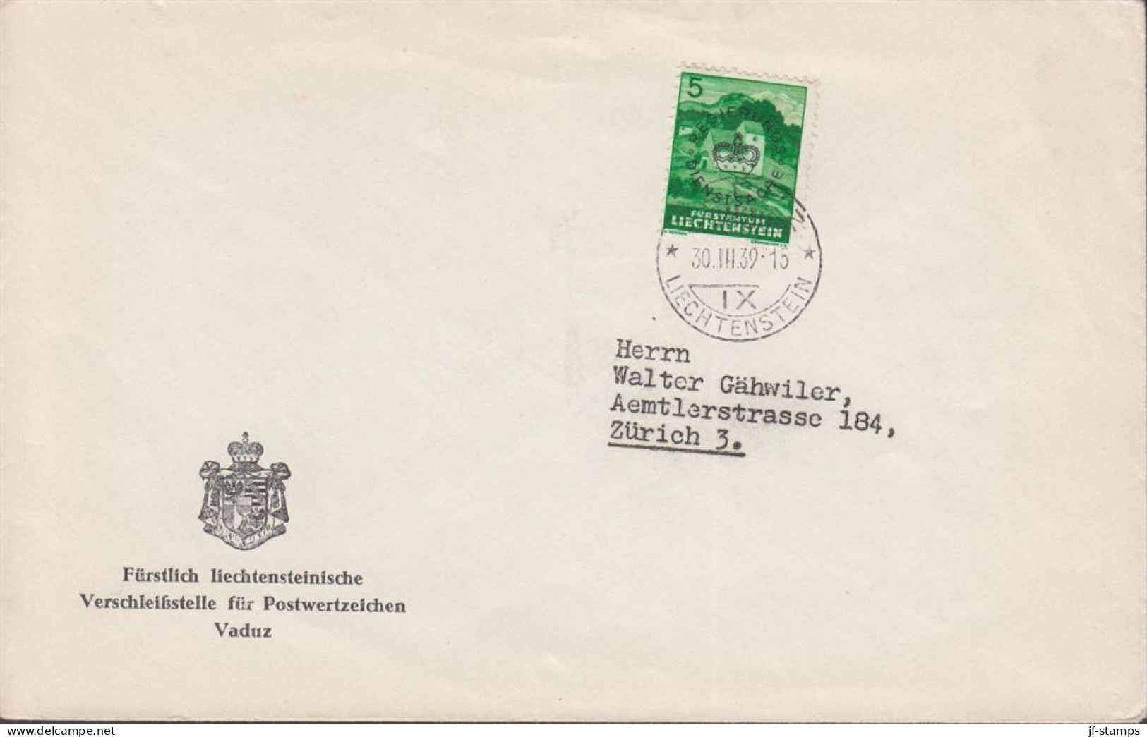 1939. LIECHTENSTEIN. 5 Rp Officials With Overprint REGIERUNGS DIENSTSACHE Solo On Cover... (Michel Dienst 20) - JF445113 - Dienstzegels