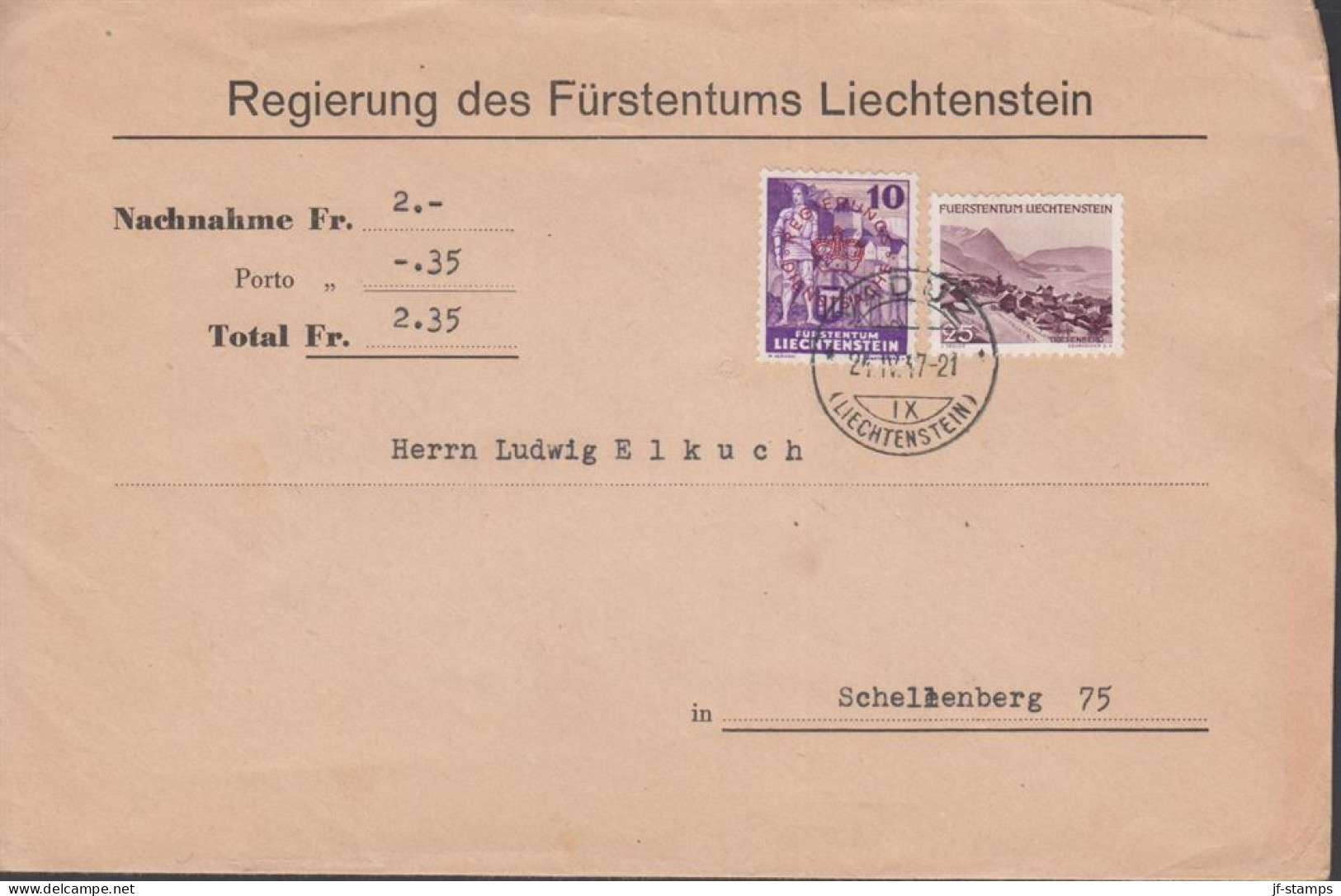 1947. LIECHTENSTEIN. 10 Rp Officials With Overprint REGIERUNGS DIENSTSACHE + 25 Rp TRIE... (Michel Dienst 21) - JF445117 - Service