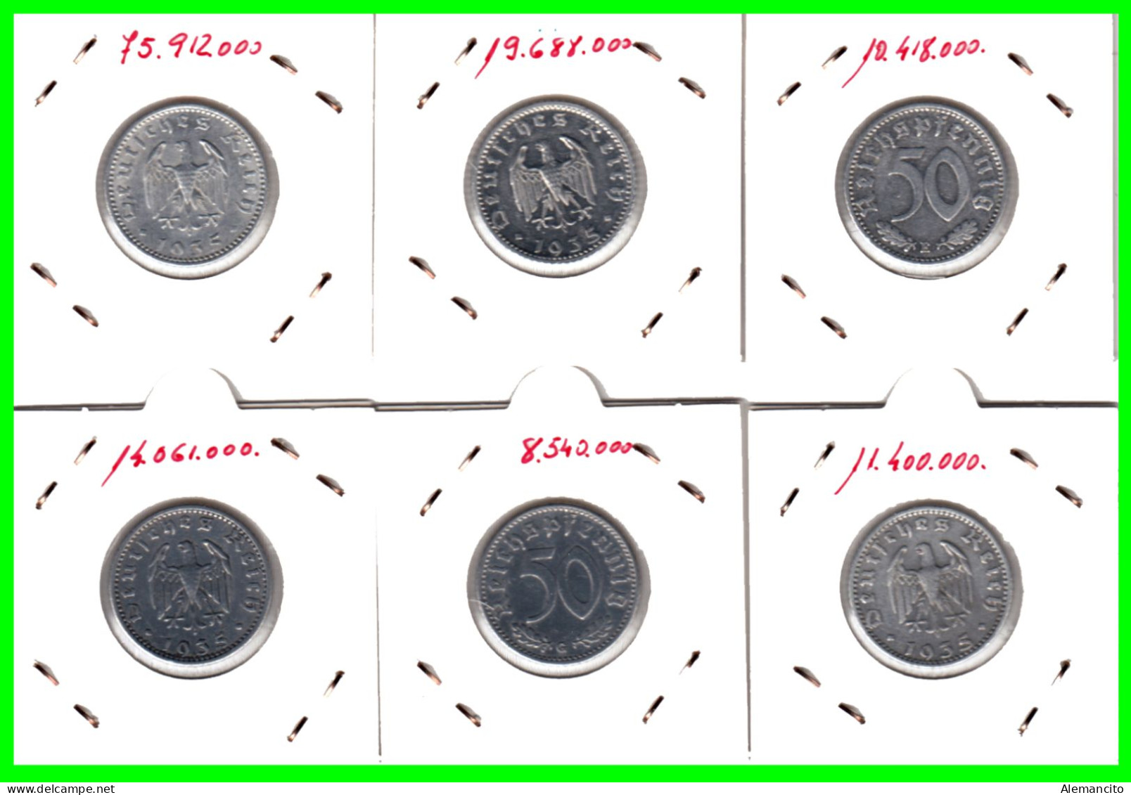 GERMANY - ALEMANIA DEUTFCHES REICH SERIE DE 6 MONEDAS DE 0.50 REICHSPFENNIG AÑO 1935 – KM 87 ( SERIE COMPLETA 6 CECAS ) - 50 Reichspfennig