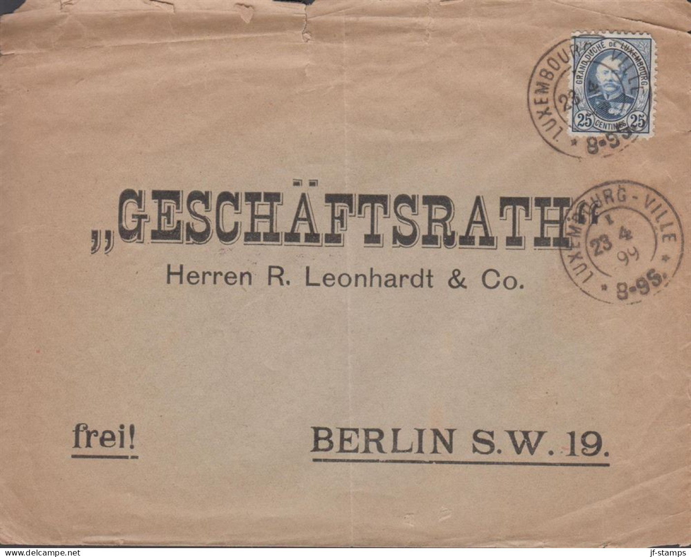 1899. LUXEMBOURG. Großherzog Adolf 25 CENTIMES On Cover (fold, Tears) To Berlin Cancelled LUXE... (Michel 60) - JF445131 - 1891 Adolphe De Face