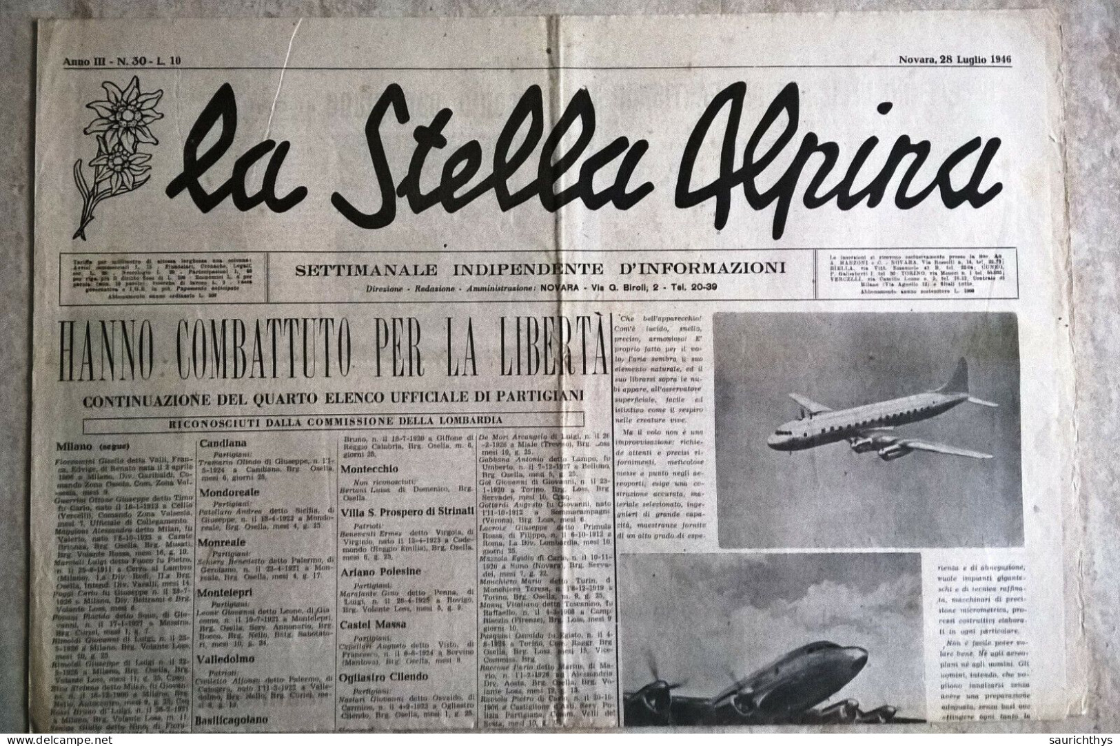 La Stella Alpina Anno III N. 30 1946 Novara Partigiani Brigata Osella Valsesia Resistenza - Guerre 1939-45