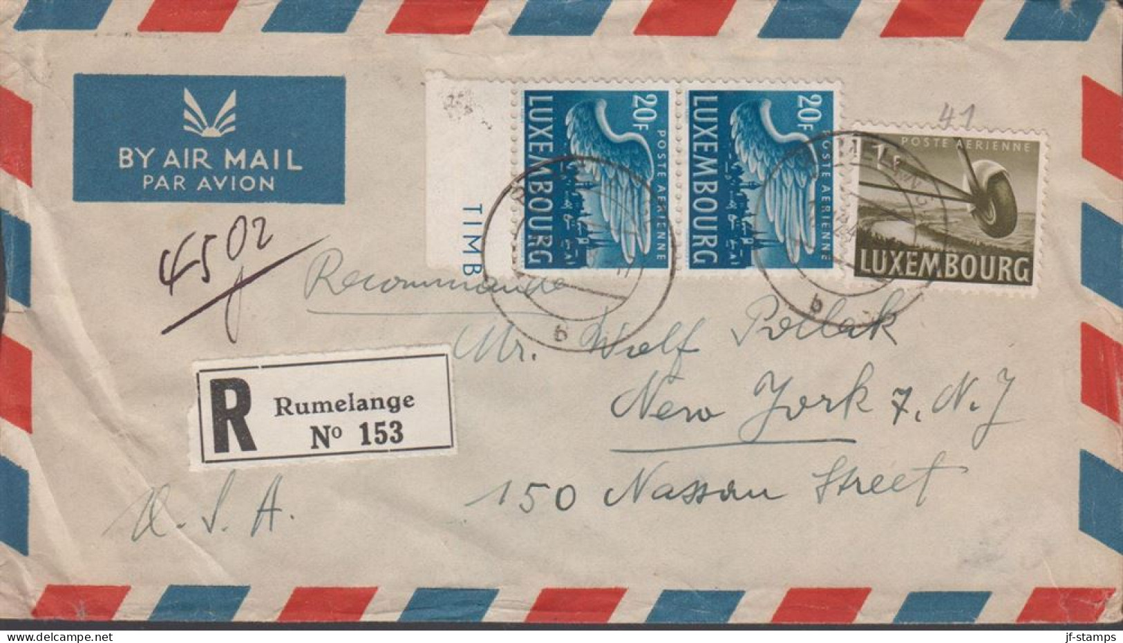 1948. LUXEMBOURG Fine Small AIR MAIL Cover To USA With 1 F + Pair 20 F Cancelled RUMELANGE 1... (Michel 410+) - JF445137 - Covers & Documents