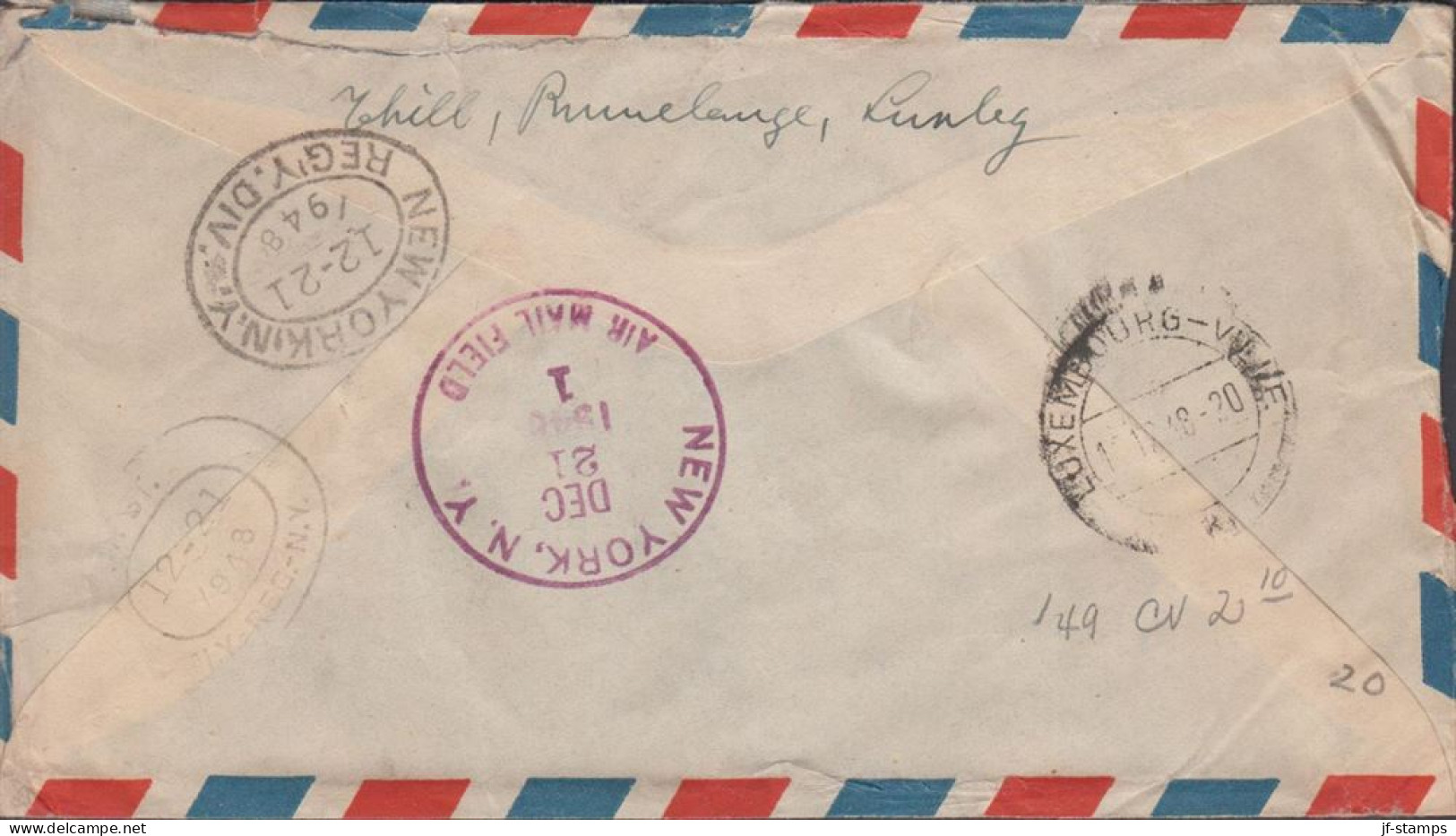 1948. LUXEMBOURG Fine Small AIR MAIL Cover To USA With 1 F + Pair 20 F Cancelled RUMELANGE 1... (Michel 410+) - JF445137 - Covers & Documents