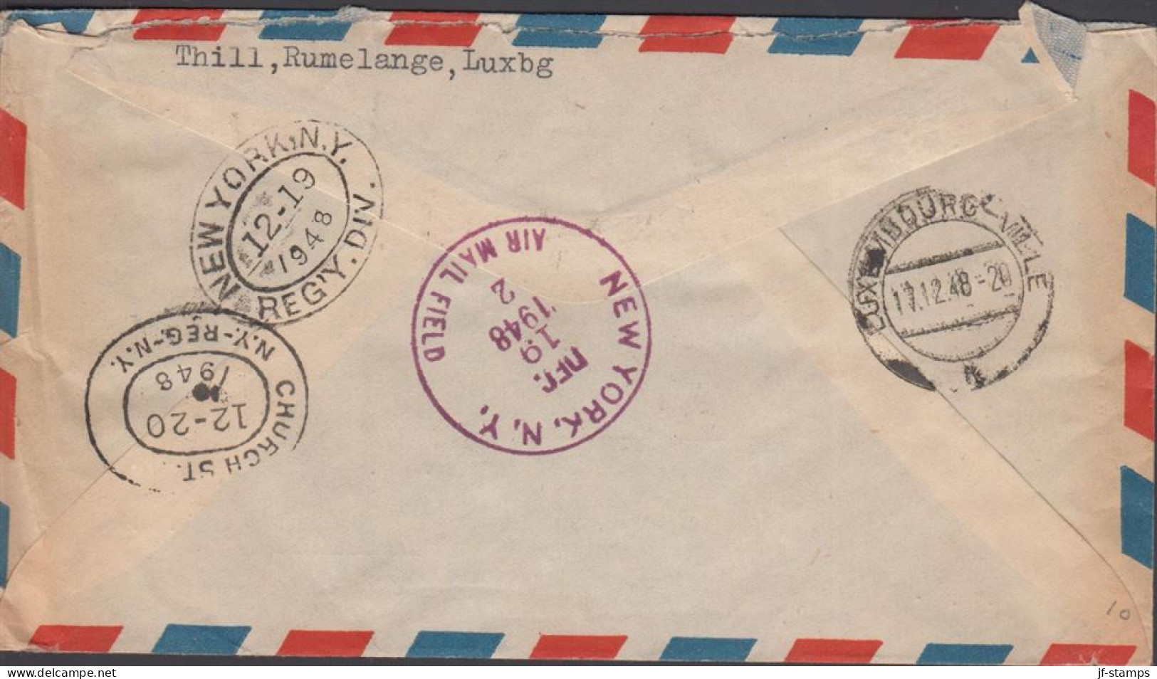 1948. LUXEMBOURG Fine Small AIR MAIL Cover To USA With 6 F + 20 F Cancelled RUMELANGE 17.12.... (Michel 410+) - JF445138 - Briefe U. Dokumente