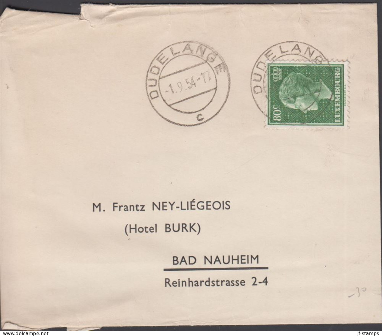 1954.  LUXEMBOURG. Großherzogin Charlotte 80 C On Wrapper To BAD NAUHEIM Cancelled DUDELANGE... (Michel 448+) - JF445141 - Lettres & Documents