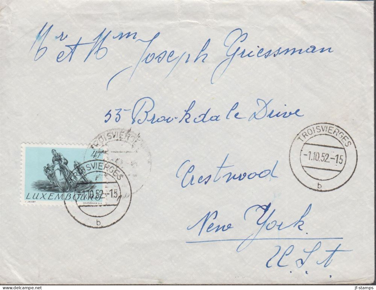 1952.  LUXEMBOURG. 4 F Biking Single On Cover To USA Cancelled TROISVIERGES 1.10.52. Very Unu... (Michel 499) - JF445142 - Brieven En Documenten