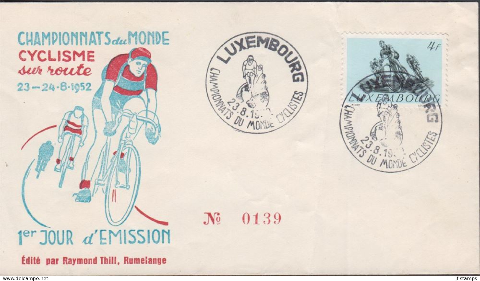 1952.  LUXEMBOURG. 4 F Biking Single On FDC (folds) Cancelled LUXEMBOURG CHAMPIONATS DU MONDE... (Michel 499) - JF445145 - Lettres & Documents