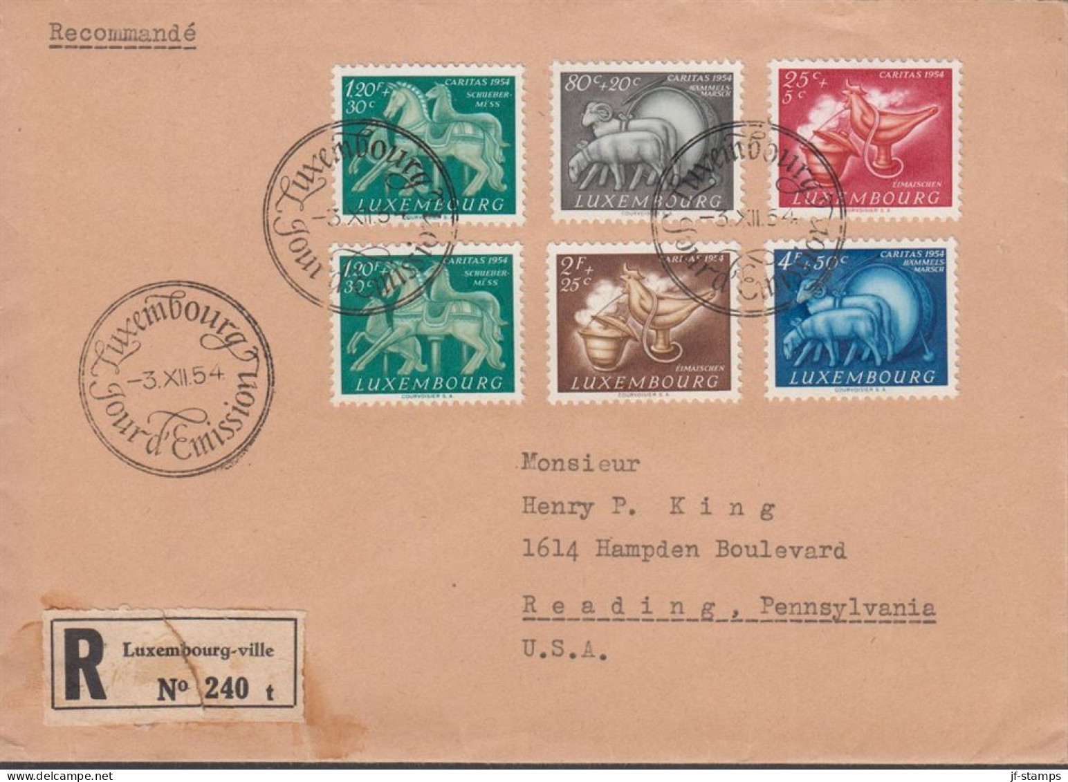 1954. LUXEMBOURG. Fine Registered FDC To USA With Complete Set CARITAS Cancelled First Da... (Michel 525-530) - JF445150 - Storia Postale