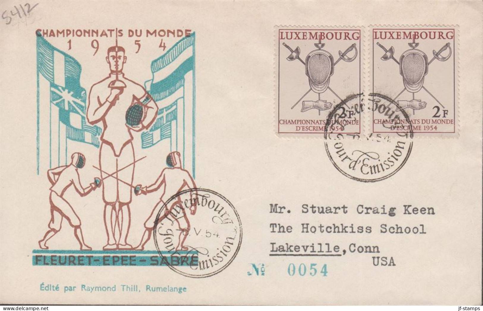 1954. LUXEMBOURG. Fine FDC With Pair 2 F Fencing  Cancelled With FIRST DAY Cancel LUXEMBOURG ... (Michel 523) - JF445156 - Storia Postale