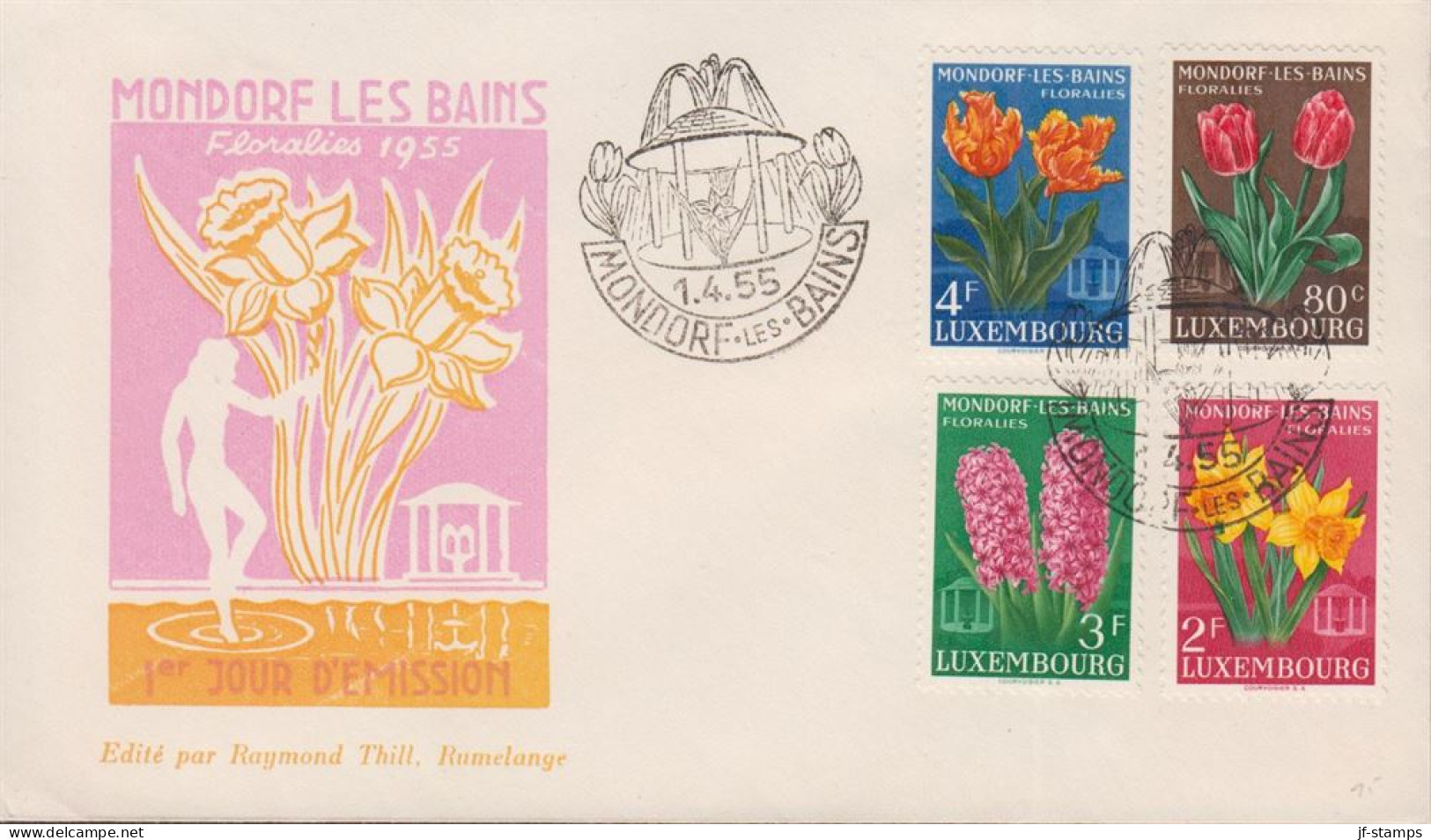 1955. LUXEMBOURG. Fine FDC With Complete Set Flowers Cancelled First Day Of Issue MONDORF... (Michel 531-534) - JF445159 - Brieven En Documenten