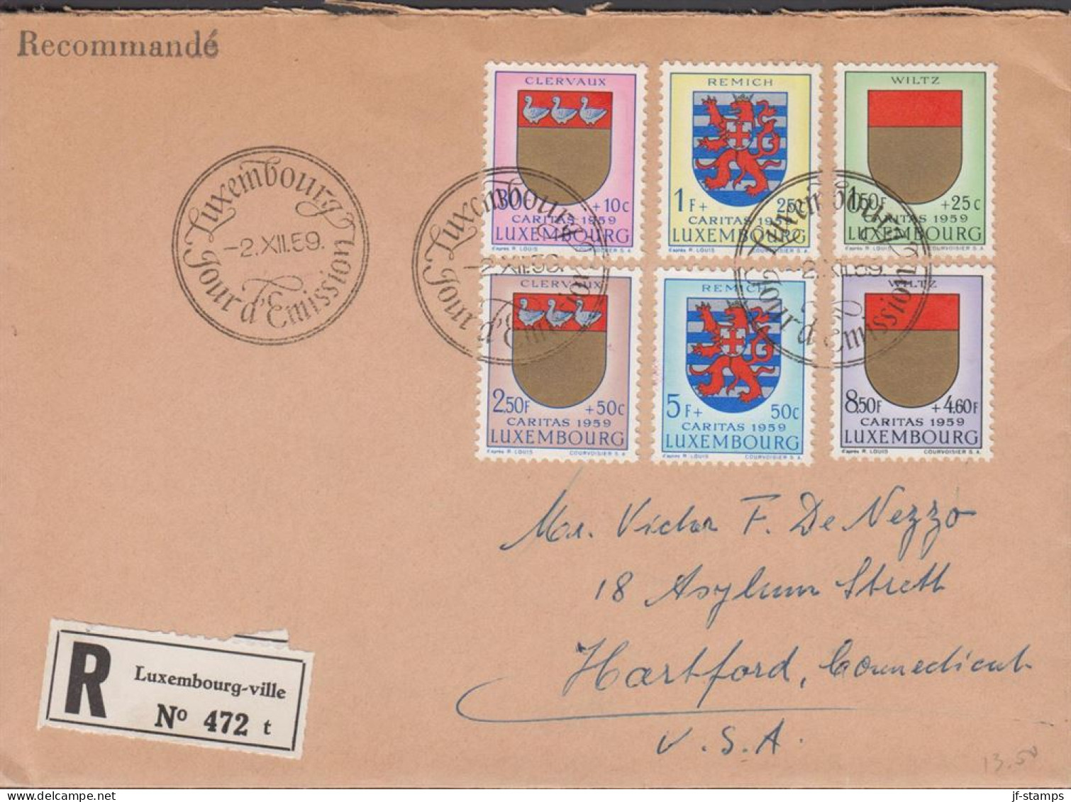 1959. LUXEMBURG Complete Set CARITAS With City Coat Of Arms From The Different Kartons On... (Michel 612-617) - JF445162 - Storia Postale