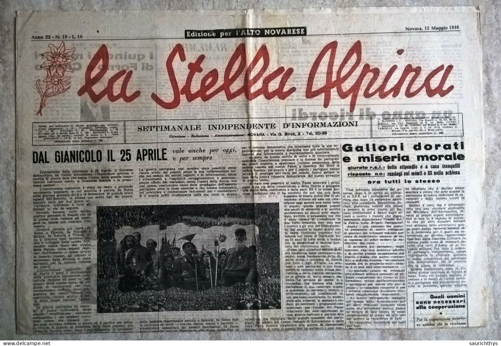 La Stella Alpina Anno III 19 1946 Edizione Per L'Alto Novarese Partigiani Martiri Di Forno E Chesio Resistenza - Guerre 1939-45