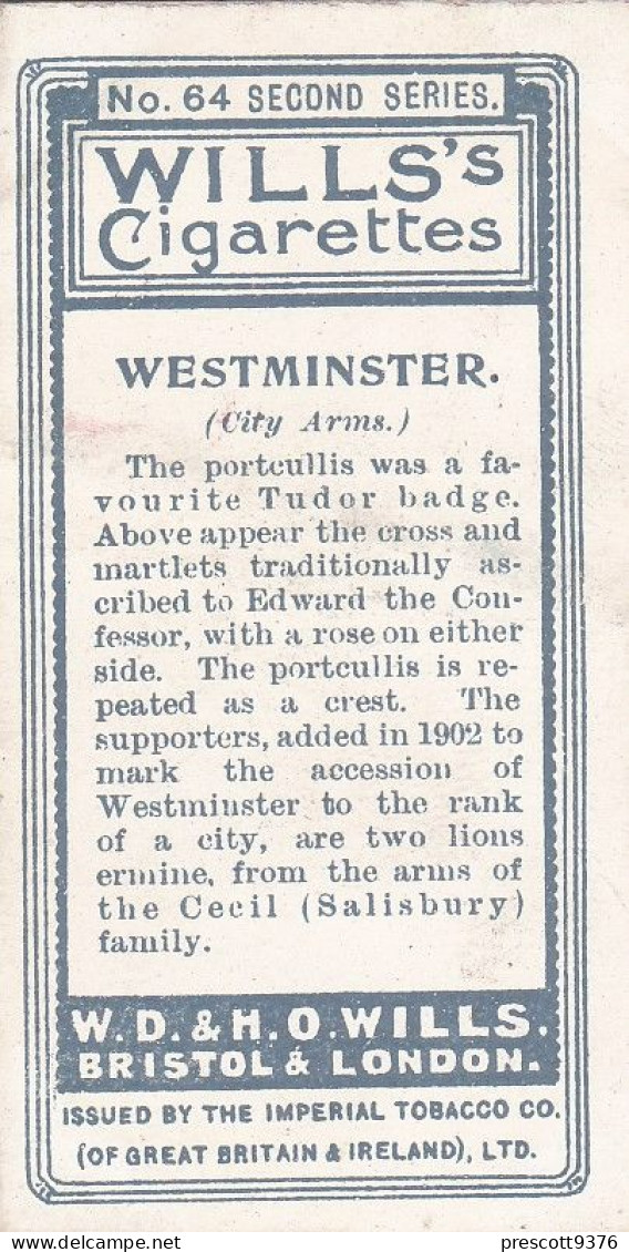 Borough Arms 1906 - Wills Cigarette Card - Antique - 64 Westminster - Wills