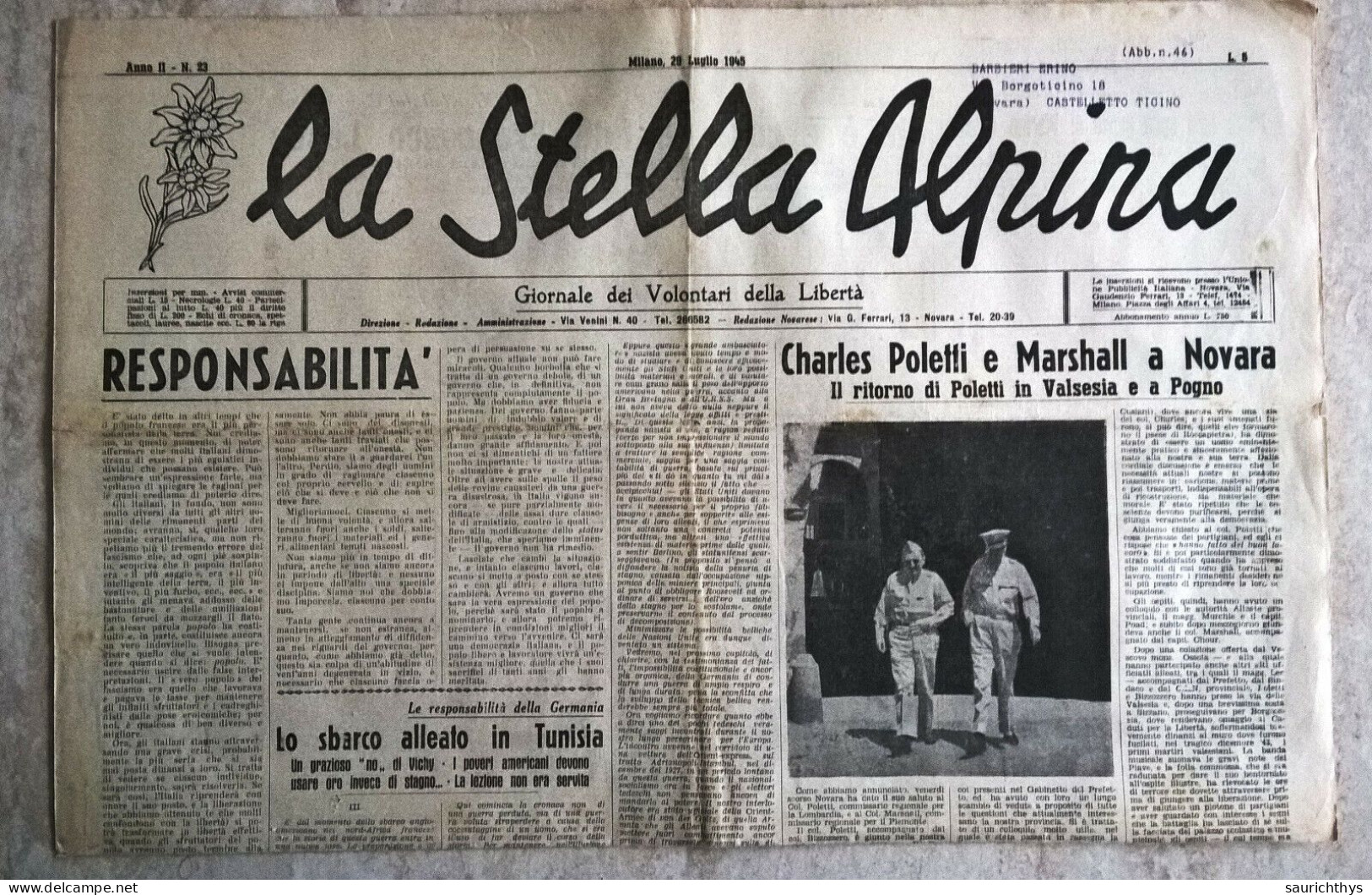 La Stella Alpina Anno II N. 23 1945 Partigiani Fontaneto D'Agogna Pogno Novara Charles Poletti E Marshall A Novara - Guerra 1939-45