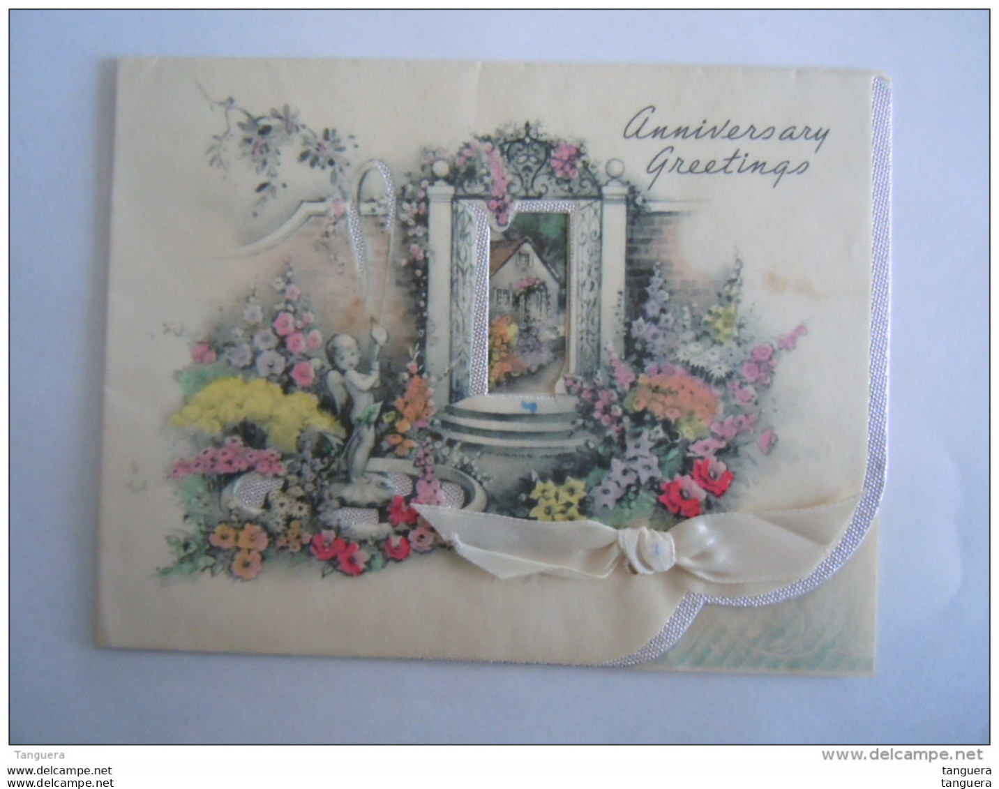 Carte De Voeux Anniversary Greetings 1950  Ange Engel Jardin Tuin Ruban Lint Rust Craft Usa Form 13,5 X 10,3 Cm - Anniversaire