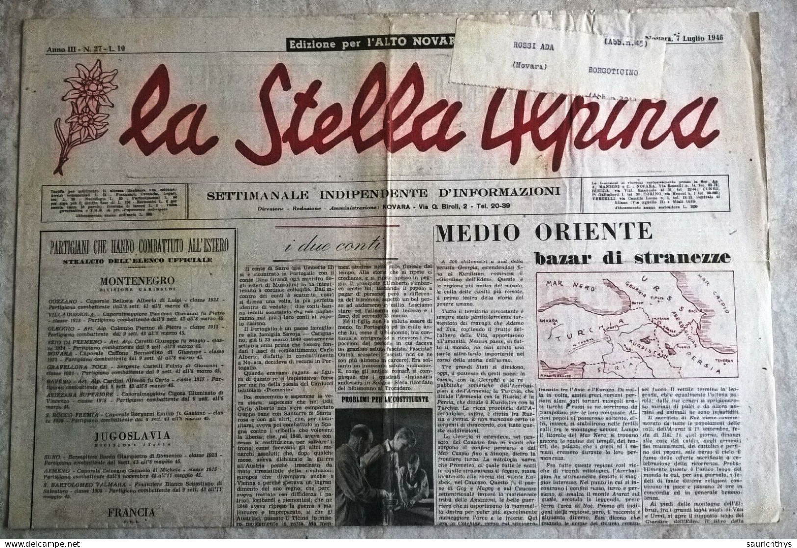 La Stella Alpina Anno III N.27 1946 Edizione Per L'Alto Novarese Partigiani Martiri Di Premosello Resistenza - Guerre 1939-45