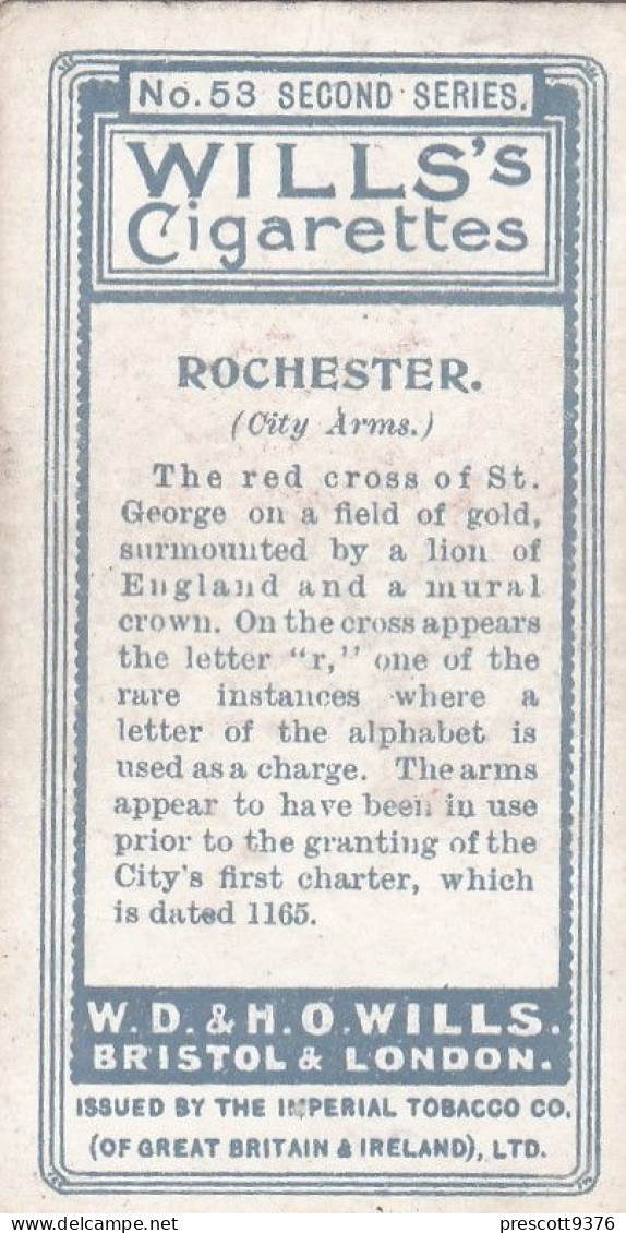 Borough Arms 1906 - Wills Cigarette Card - Antique - 53 Rochester - Wills