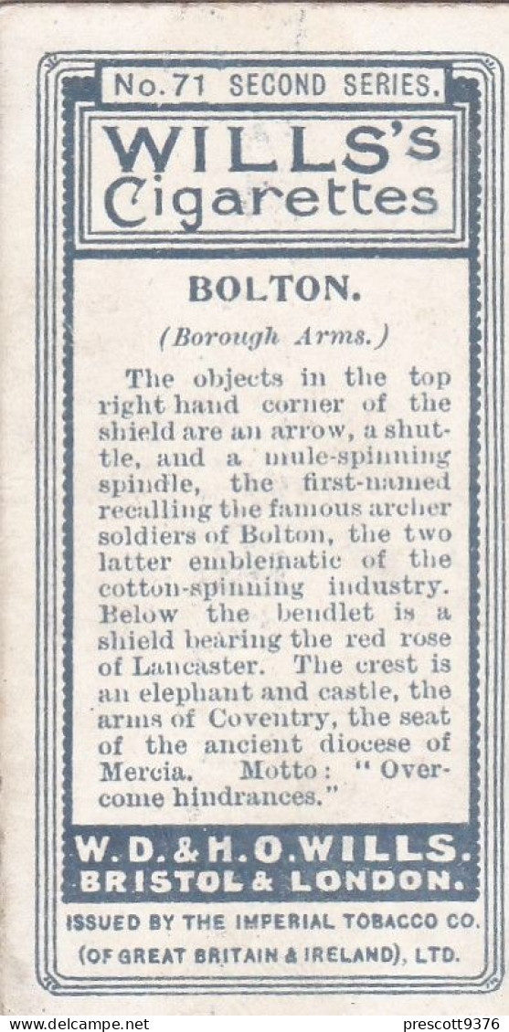 Borough Arms 1906 - Wills Cigarette Card - Antique - 71 Bolton - Wills