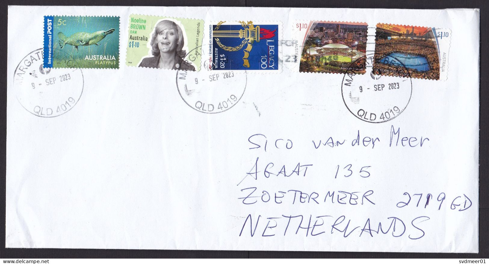 Australia: Cover To Netherlands, 2023, 5 Stamps, Platypus Animal, Sports Stadium, Noeline Brown (minor Creases) - Brieven En Documenten