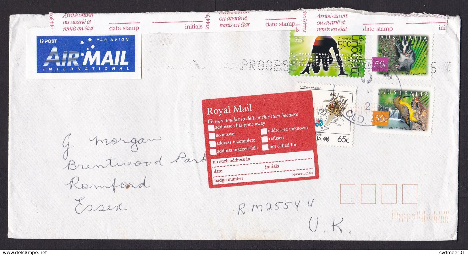 Australia: Airmail Cover To UK, 4 Stamps, Postal Label Found Damaged, Secured, Returned, Retour (minor Damage) - Covers & Documents