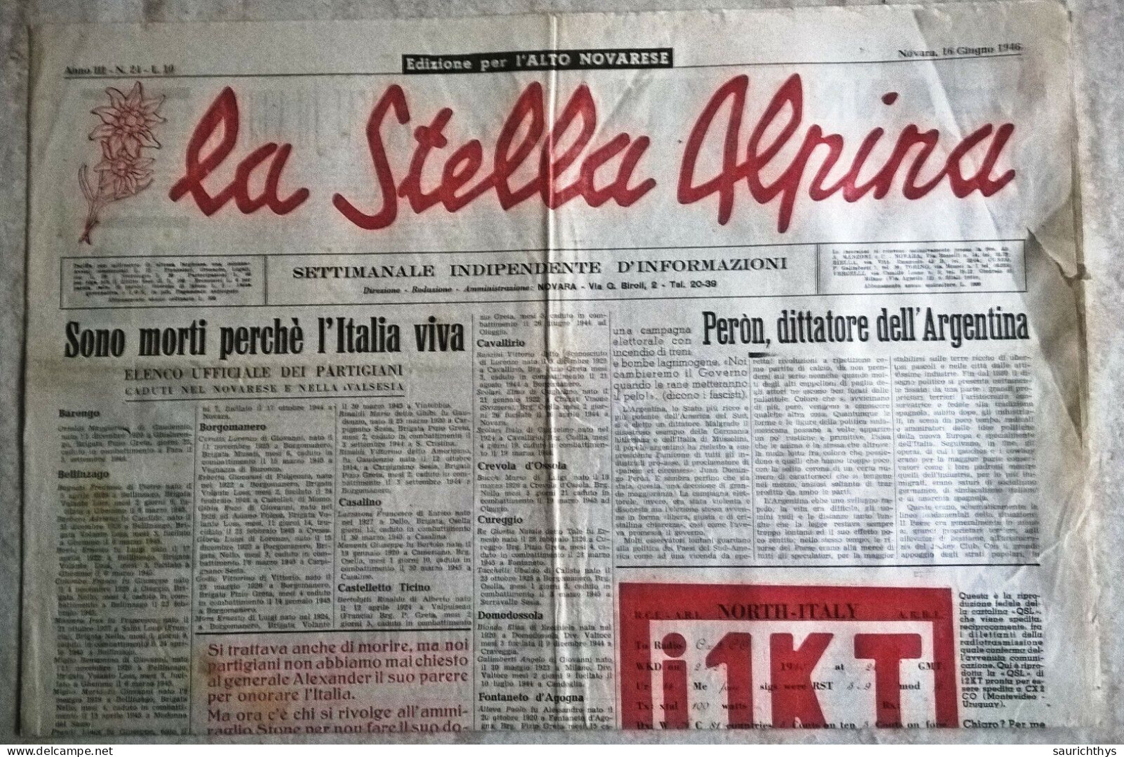 La Stella Alpina Anno III 24 1946 Edizione Per L'Alto Caduti Nel Novarese E Valsesia Partigiani In Val Di Vedro - Guerra 1939-45