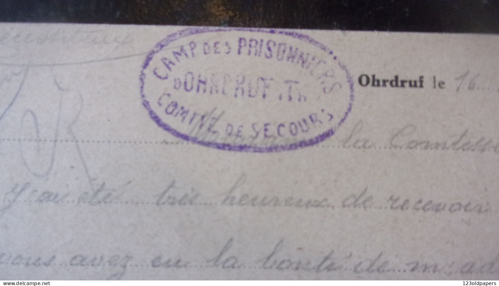 WWI Récépissé Remise Colis Camp Prisonniers OHRDRUF Cachet NOIRETABLE 42  LIGUE FEMMES FRANCAISES VILLECHAIZE COMTESSE - Guerra De 1914-18