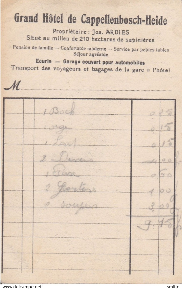 KAPELLEN NOTA OP ADRESZIJDE VAN GRAND HOTEL CAPPELLENBOSCH-HEIDE PROP. JOS. ARDIES - Kapellen