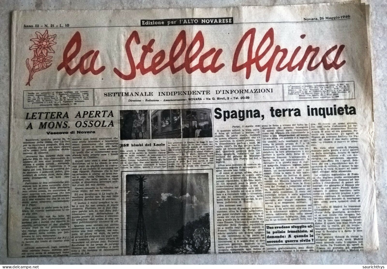 La Stella Alpina Anno III 21 1946 Edizione Per L'Alto Novarese Partigiani Salussola Valsesia Resistenza - Weltkrieg 1939-45