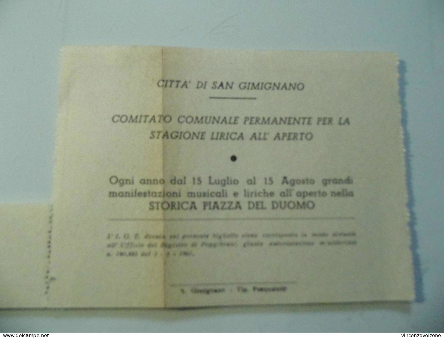 Biglietto Ingresso "CITTA' DI SAN GIMIGNANO MUSEI CITTADINI" 1961 - Tickets D'entrée