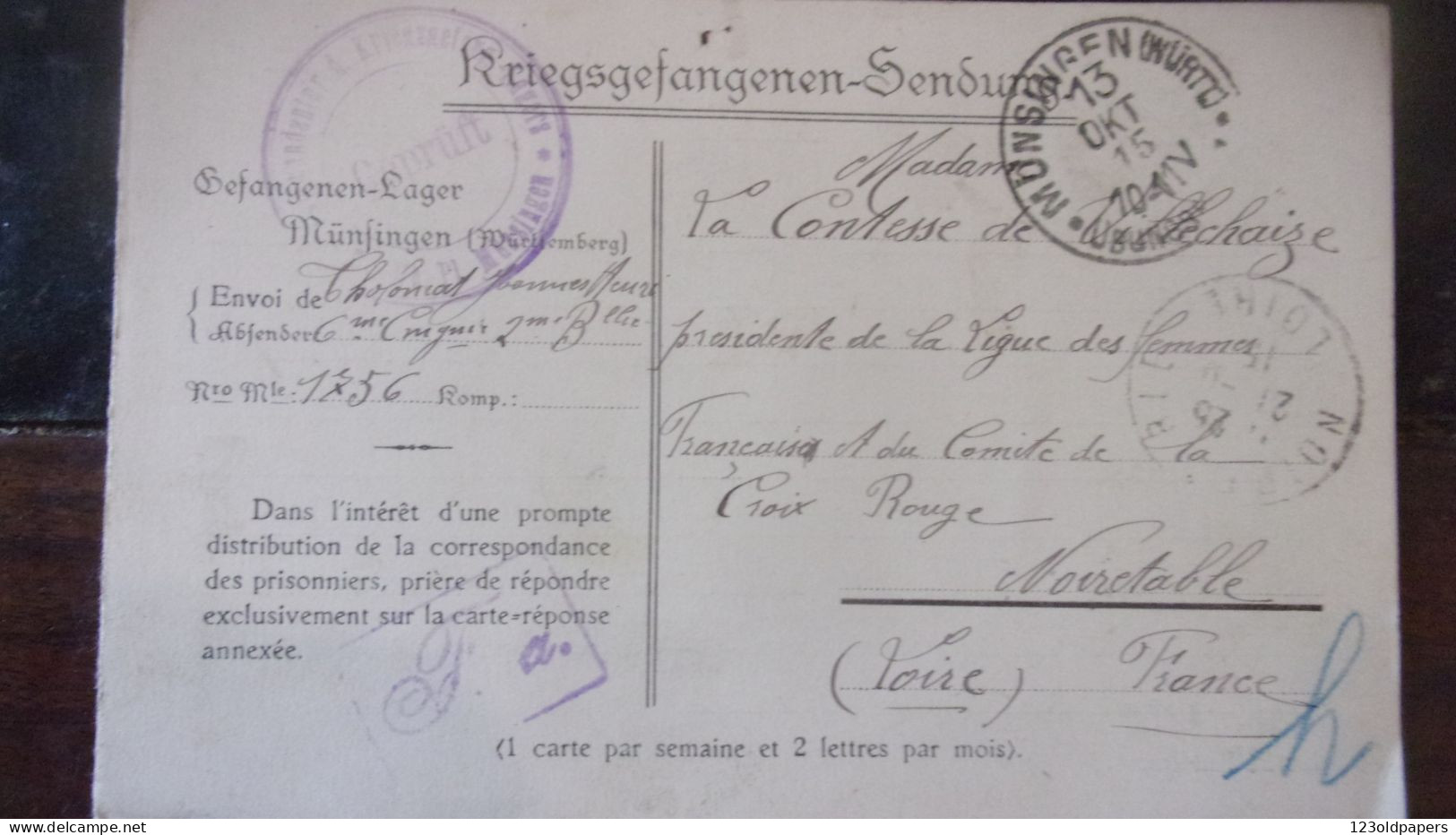 WWI Récépissé Remise Colis Camp Prisonniers MUNSIGEN Cachet NOIRETABLE 42   VILLECHAIZE COMTESSE PRESIDENTE  CROIX ROUGE - Guerra De 1914-18