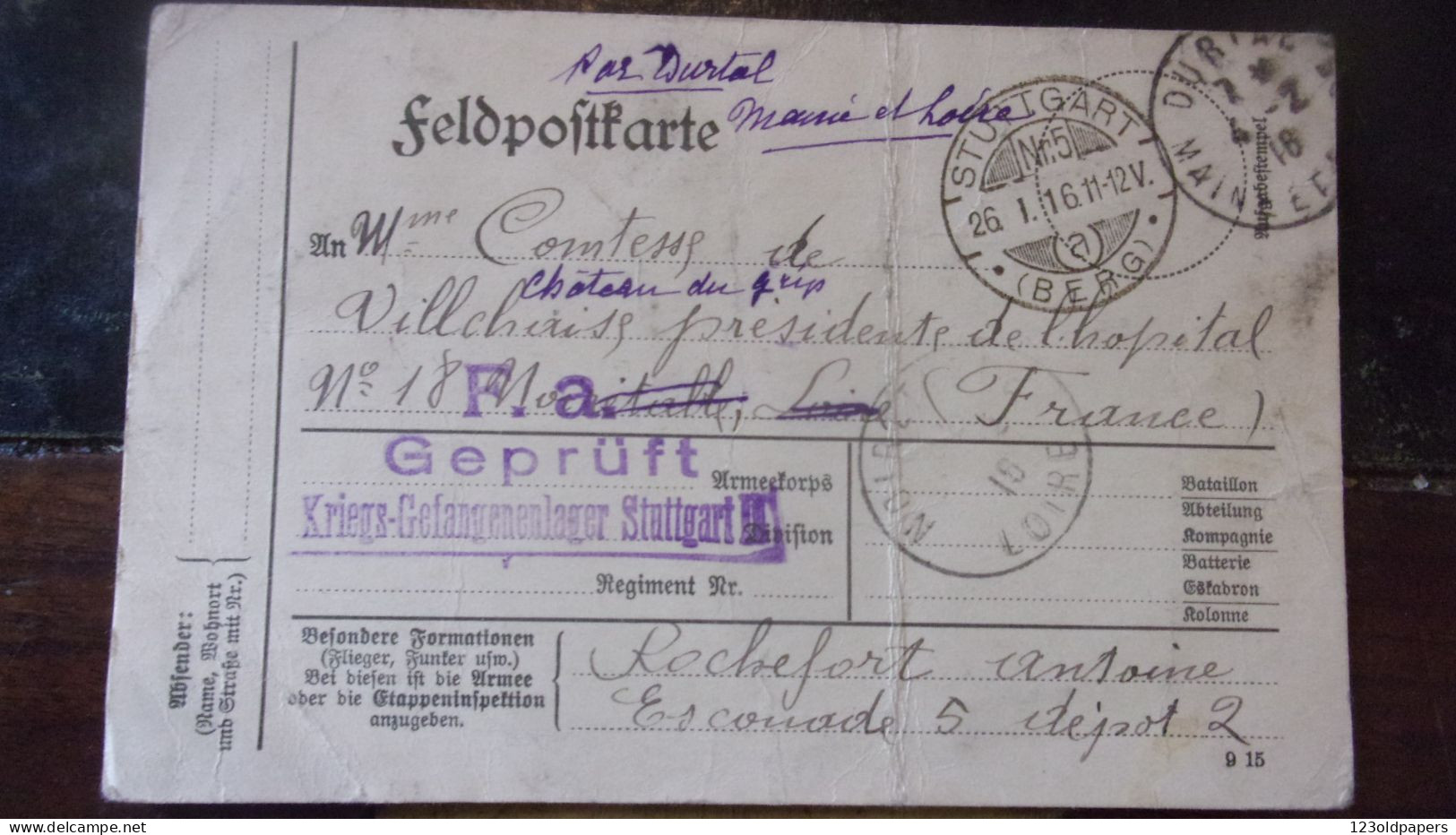 WWI Récépissé Remise Colis Camp Prisonniers STUTTGART II  Cachet NOIRETABLE 42   HOPITAL AUX 18  VILLECHAIZE COMTESSE - 1. Weltkrieg 1914-1918