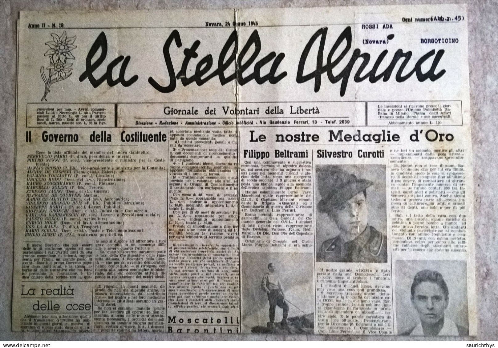 La Stella Alpina Anno II N18 Novara 1945 Partigiani Costituente Filippo Beltrami Silvetro Curotti Domodossola Ossola - Weltkrieg 1939-45