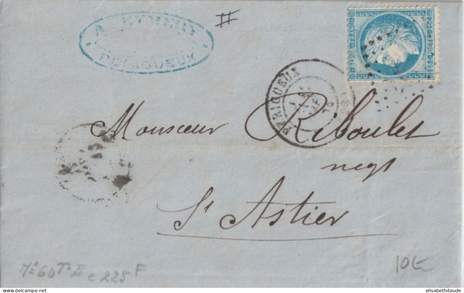 1876 - DORDOGNE - CERES TYPE 2 ! LETTRE De PERIGUEUX => ST ASTIER - 1871-1875 Ceres