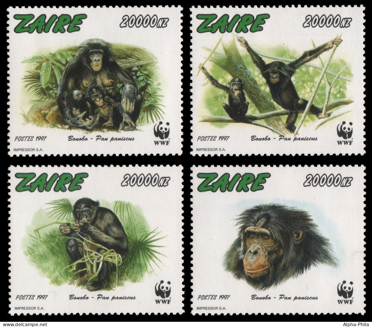 Kongo-Zaire 1997 - Mi-Nr. 1339-1342 ** - MNH - Schimpansen / Chimpanzee - Neufs