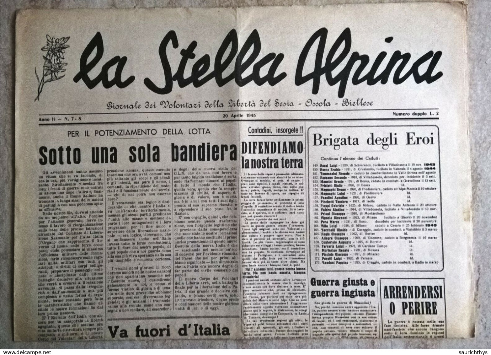 La Stella Alpina Anno II N.7-8 1945 Partigiani Giornale Dei Volontari Della Libertà Del Sesia Ossola Biellese Valsesia - Oorlog 1939-45