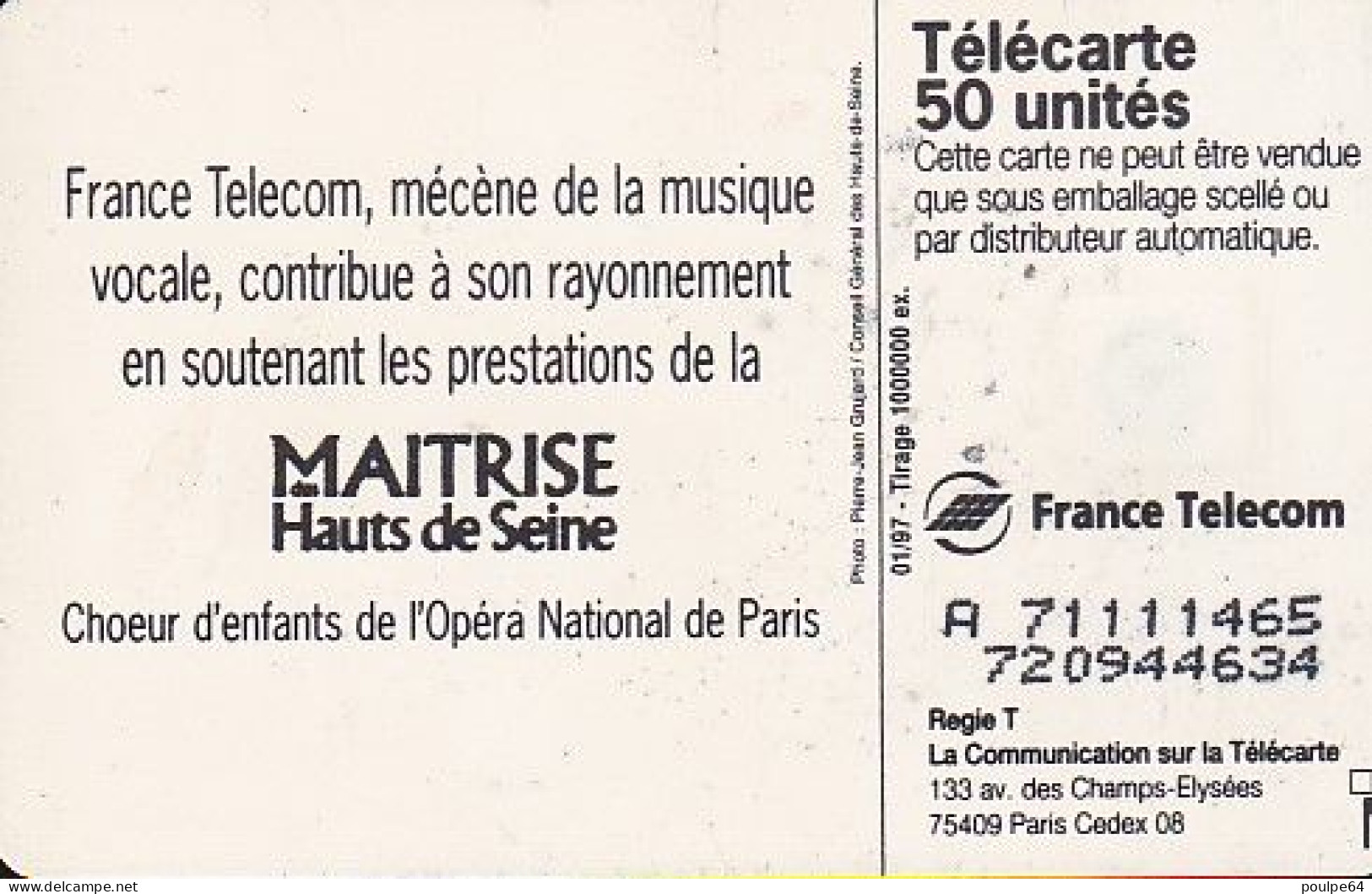 F713  01/1997 - MUSIQUE VOCALE CHORALE - 50 SO3 - (verso : N° Deux Lignes - 2 ème Ligne Vers La Droite) - 1997