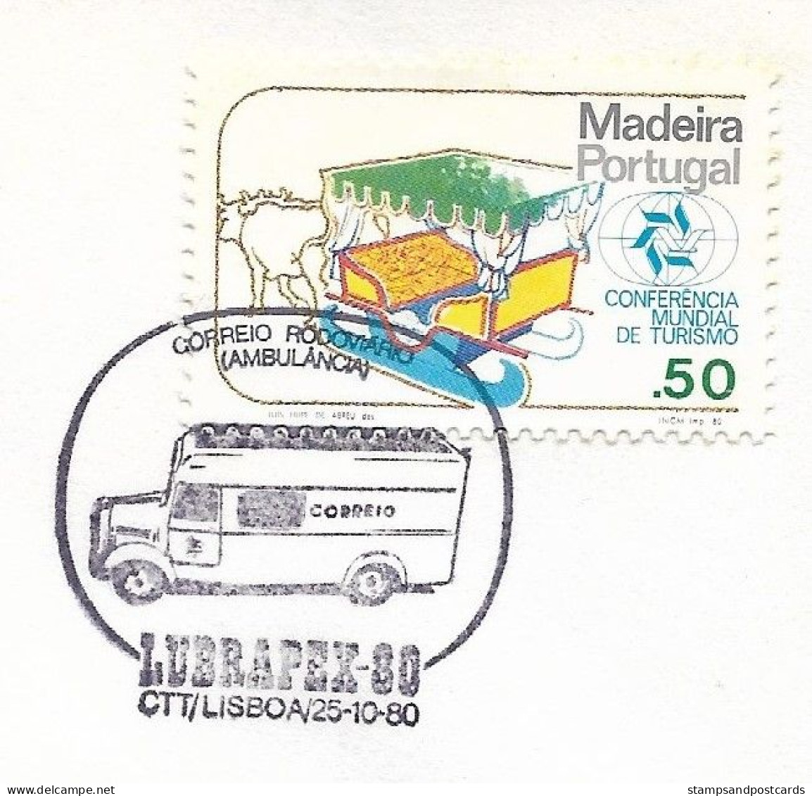 Portugal Cachet Commémoratif Camion Ambulance Poste Expo Philatelique Lubrapex 1980 Event Pmk Postal Truck Stamp Expo - Camiones