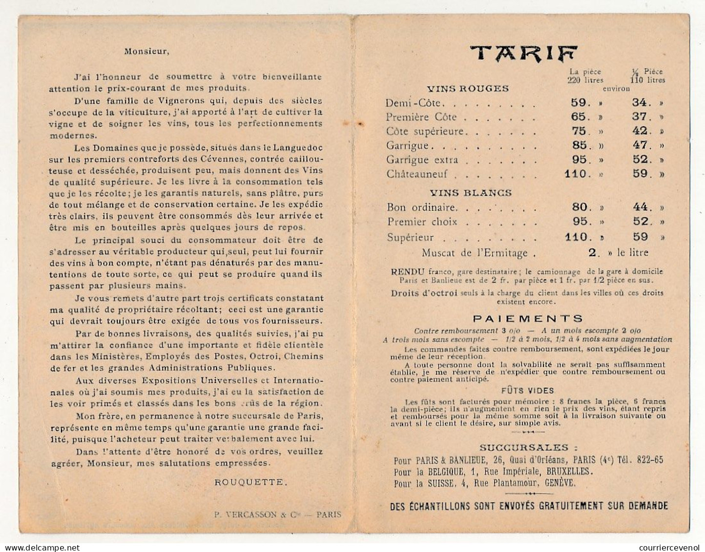 FRANCE - Tarif Des Vins ROUQUETTE - St Mamert Du Gard - Paris, 26 Quai D'Orléans - 1900 – 1949
