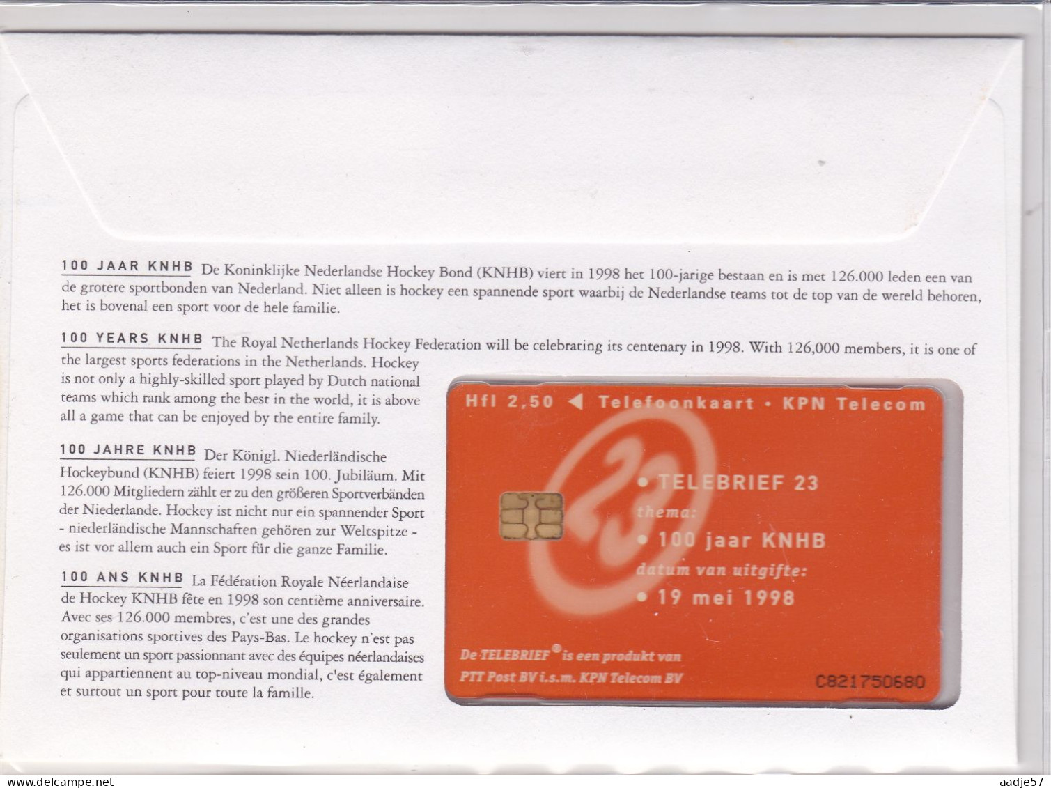 Netherlands Pays Bas Telebrief Teleletter With Phonecard Not Used 1998 KNHB 100 Jaar  19-05-1998 - Hockey (sur Gazon)