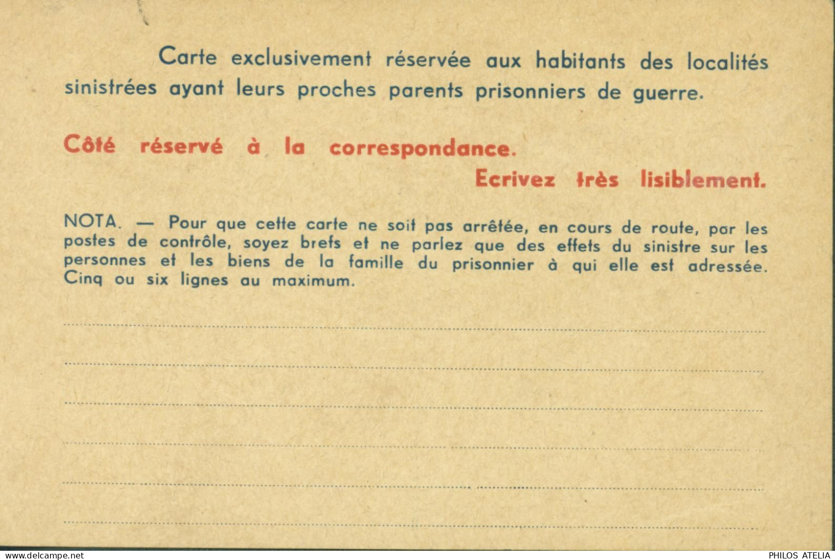 Guerre 40 Carte Croix Rouge Français Pour Habitants Des Localités Sinistrées Ayant Un Parent Prisonnier De Guerre - Guerra Del 1939-45