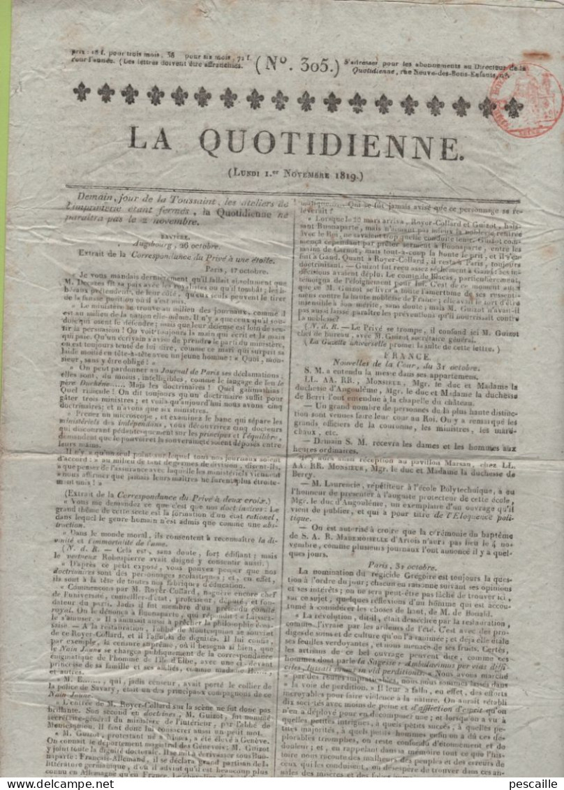 LA QUOTIDIENNE 01 11 1819 - AUGSBOURG - ABBE GREGOIRE REGICIDE - CHEVAUX LAZARET DE MARSEILLE - DUC DE BROGLIE - THOIRY - 1800 - 1849