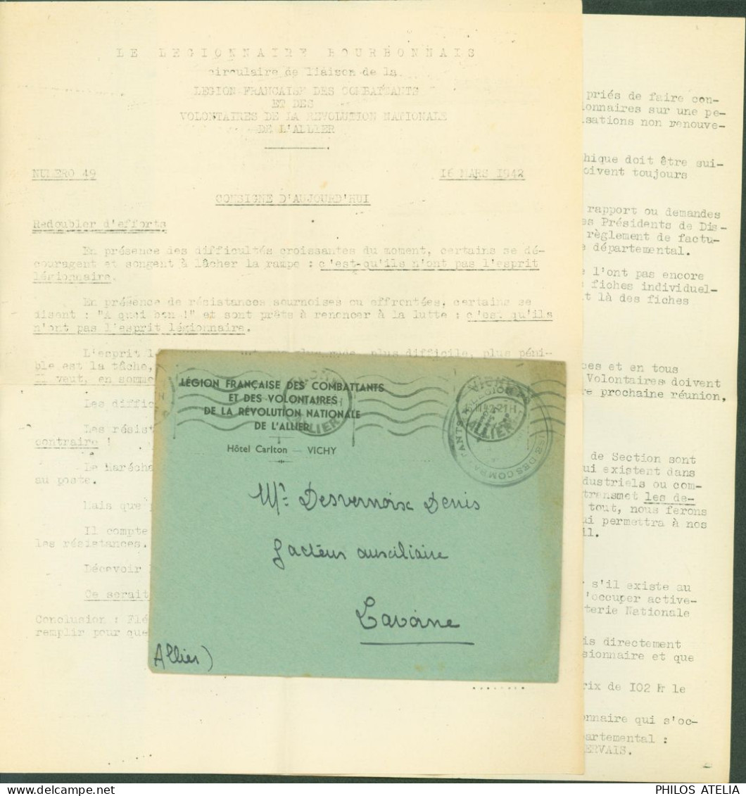 Guerre 40 Enveloppe + Cachet Légion Française Combattants & Volontaires Révolution Nationale De L'Allier CAD 15 III 42 - Oorlog 1939-45