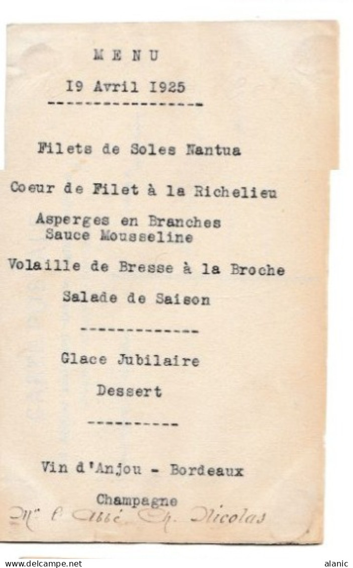 CAP-MARSEILLE-BLANCARDE-Paroisse Du Sacré Coeur-Saint Calixte.Verso MENU  Repas Du 19 Avril 1925 - Cinq Avenues, Chave, Blancarde, Chutes Lavies